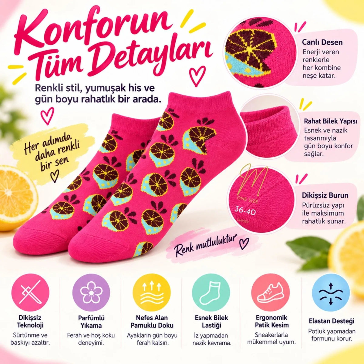 Kadın Fuşya Limon Desenli Patik Çorap 12'li Paket | Renkli, Rahat ve Esnek Günlük Kısa Çorap