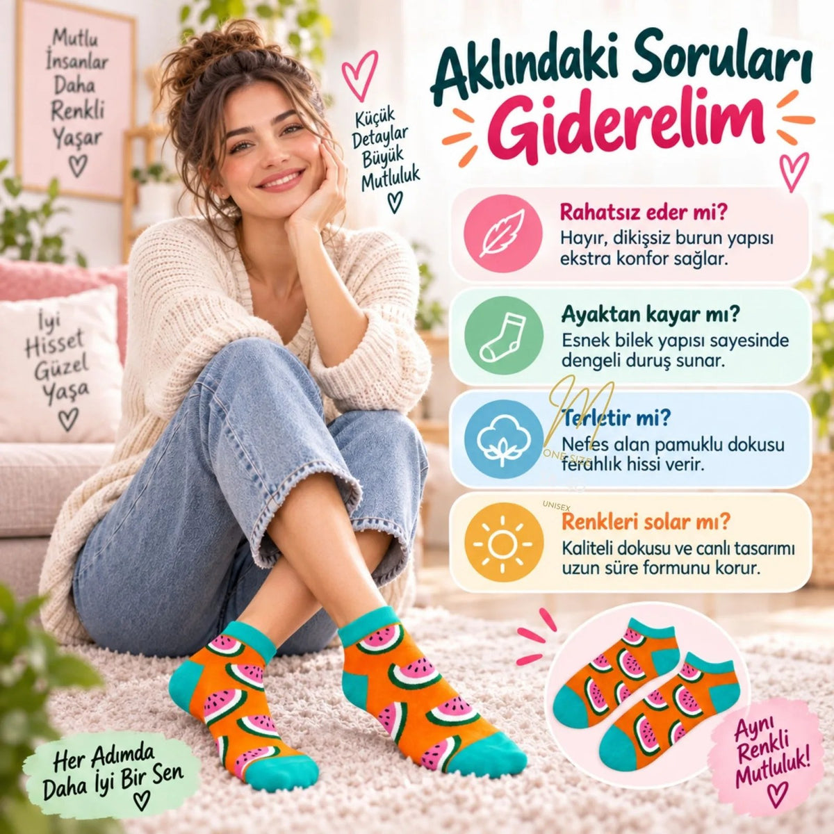 Kadın Turuncu Karpuz Desenli Patik Çorap 6'lı Paket | Renkli, Rahat ve Esnek Günlük Kısa Çorap