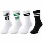 Unisex Çorap Çizgili 4'lü Set 07 Good Vibes Baskılı Siyah Beyaz Uzun Soket Spor Kolej Stil Rahat Şık