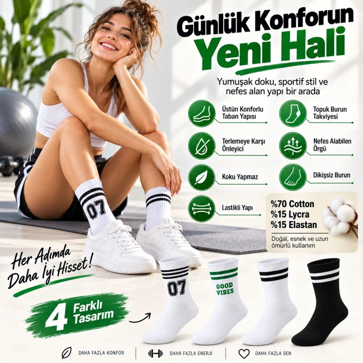 Unisex Çorap Çizgili 8'li Set 07 Good Vibes Baskılı Siyah Beyaz Uzun Soket Spor Kolej Stil Çorap