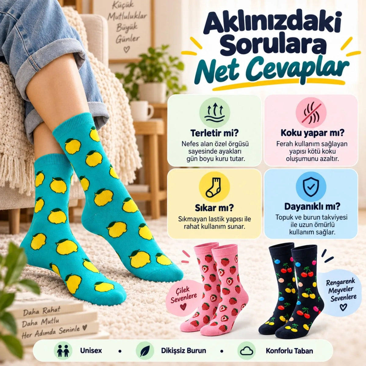 Kopya — Kadın Ve Erkek Çorap Meyve Desenli Renkli 6'lı Set Uzun Soket Günlük Rahat Spor Çorap Seti