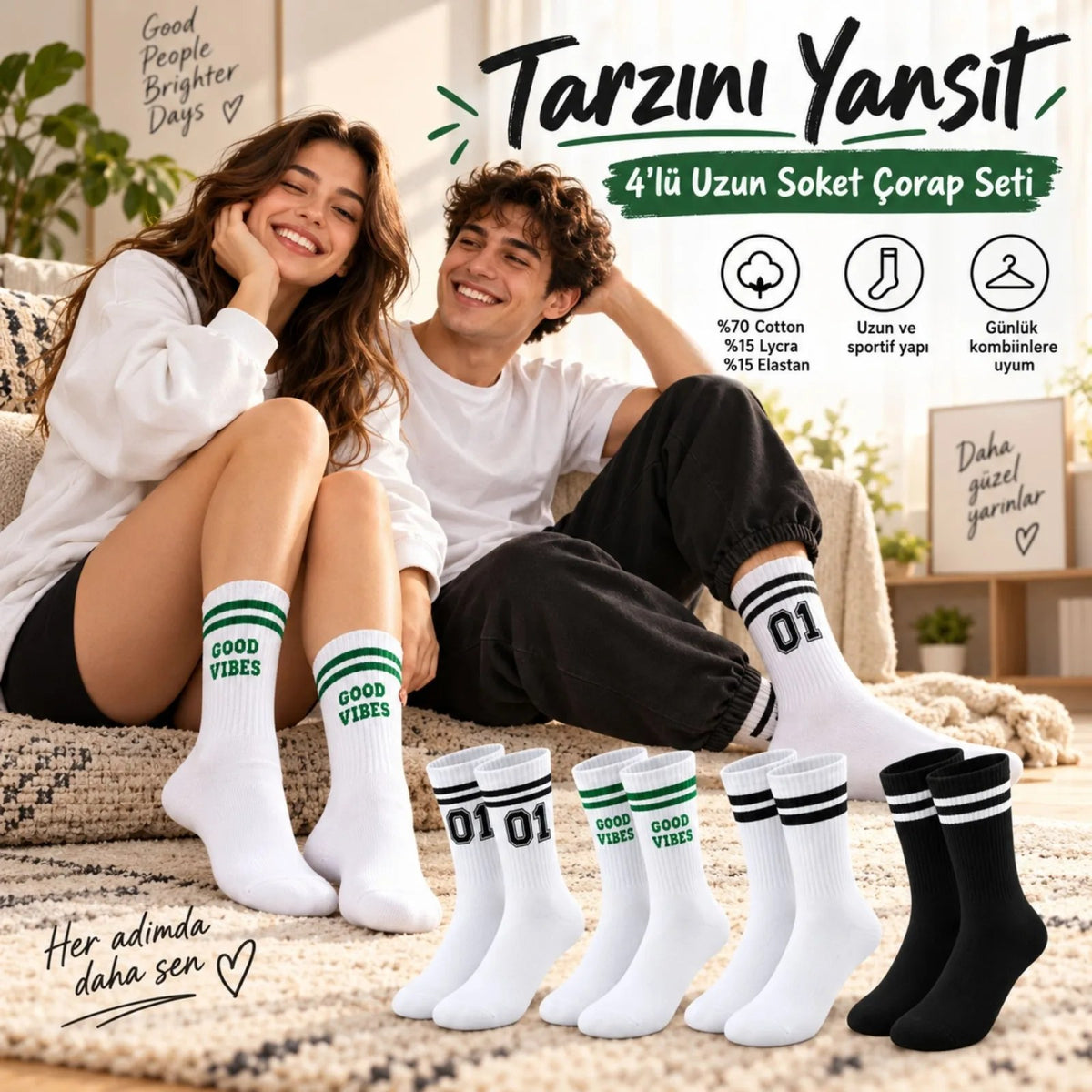 Unisex Çorap Çizgili 8'li Set 07 Good Vibes yazılı Siyah Beyaz Uzun Soket Spor Kolej Stil Çorap
