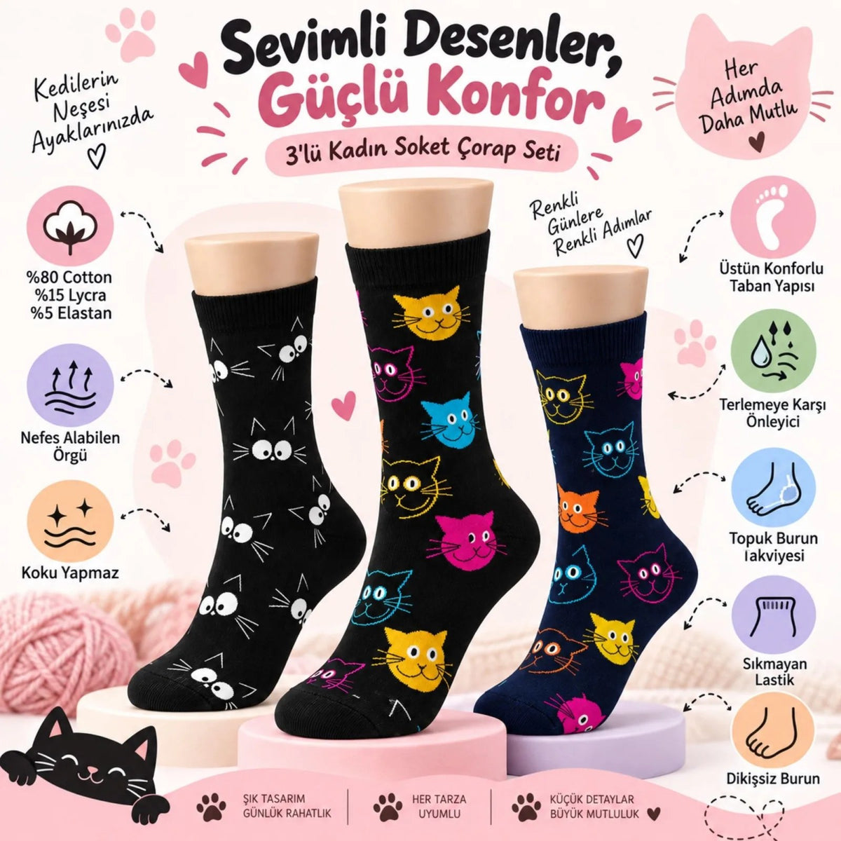Unisex Kedi Desenli Çorap 6'lı Set Pamuklu Renkli Uzun Soket Dikişsiz Nefes Alan Rahat Günlük Çorap