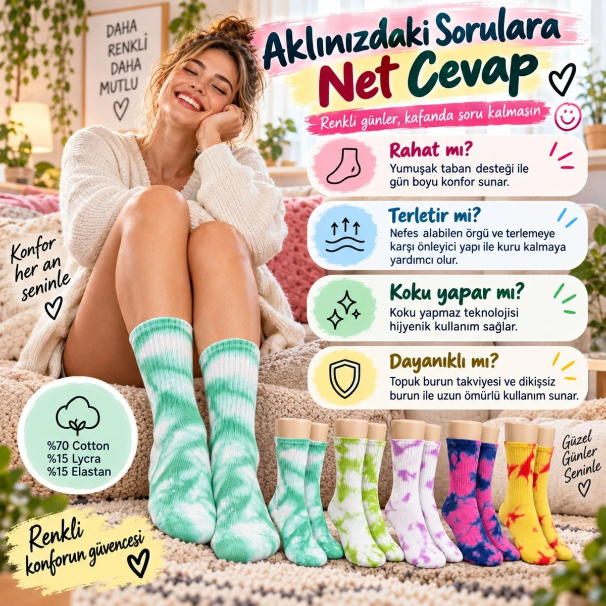 Unisex Batik Desenli Çorap 10'lu Set Renkli Pamuklu Uzun Soket Dikişsiz Nefes Alan Günlük Spor Çorabı