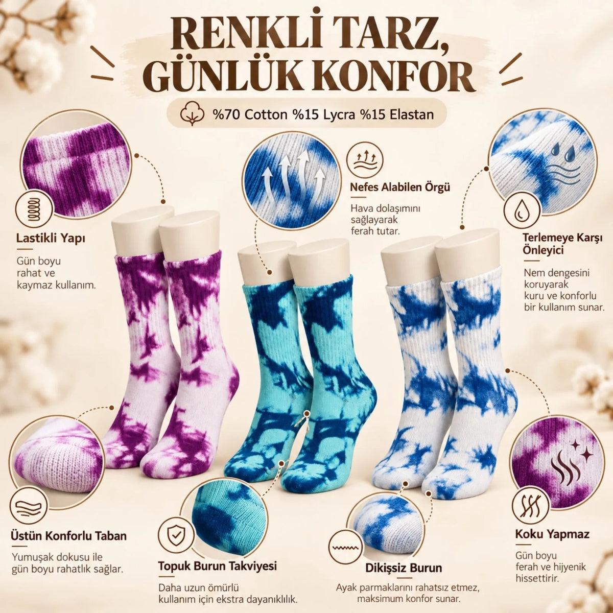 Unisex Batik Desenli Çorap 6'Lı Set Pamuklu Renkli Uzun Soket Dikişsiz Nefes Alan Spor Çorabı Günlük