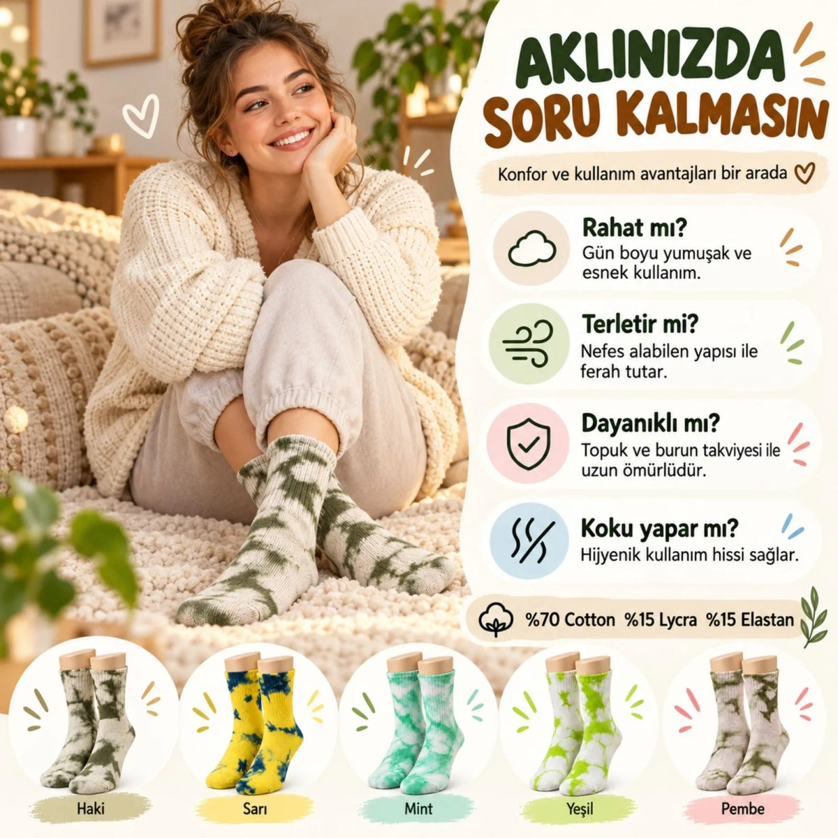 Unisex Batik Desenli Çorap 10'lu Set Pamuklu Renkli Uzun Soket Dikişsiz Nefes Alan Günlük Spor Çorabı