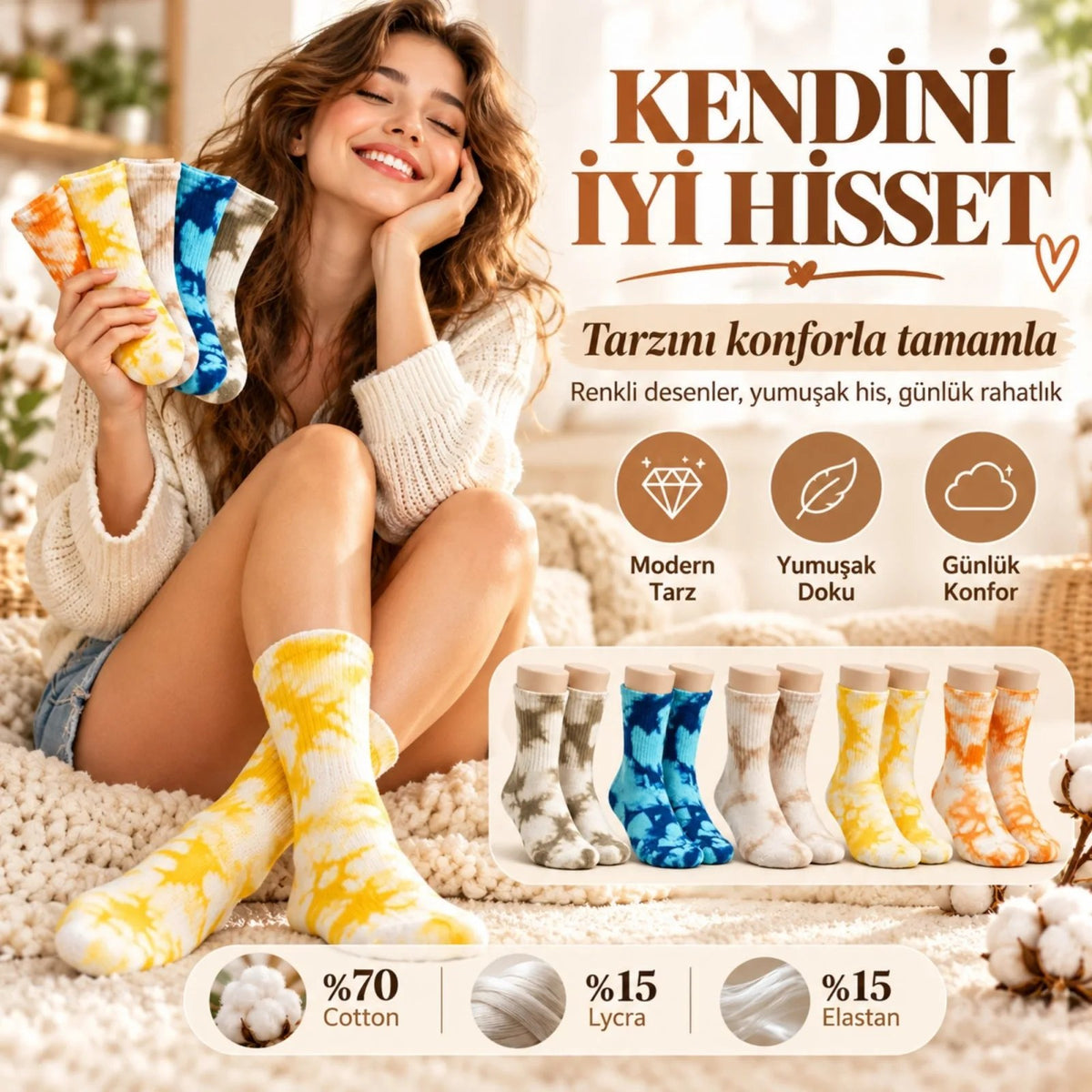 Unisex Batik Desenli Çorap 10'lu Set Pamuklu Renkli Uzun Soket Dikişsiz Nefes Alan Günlük Spor Çorabı
