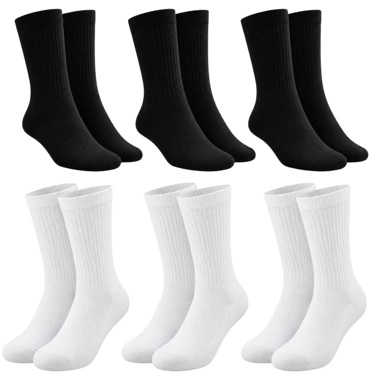 Unisex Basic Siyah Beyaz Soket Çorap 6'lı Set Kadın Erkek Spor Günlük Uzun Ribanalı Rahat Çorap Set