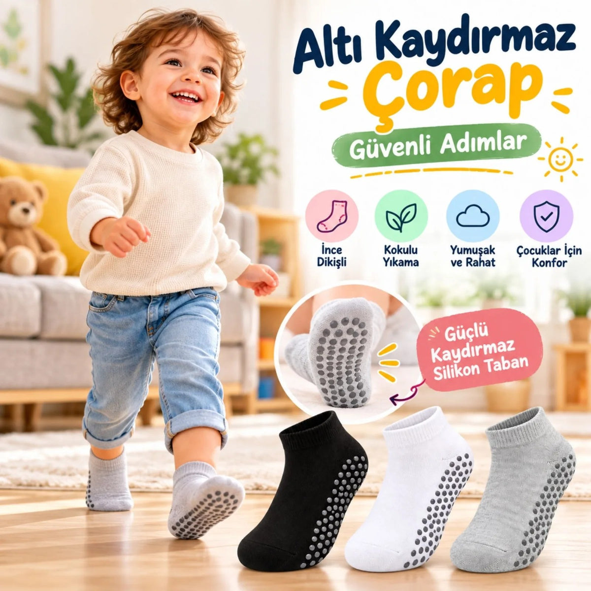 Çocuk Kaydırmaz Tabanlı Patik Çorap 6'lı Set Siyah Beyaz Gri Yumuşak Esnek Kokulu Günlük Çorap Rahat