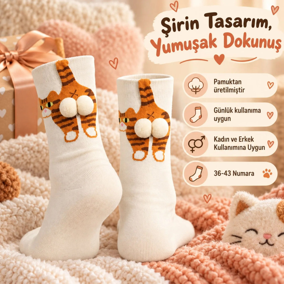 Kadın 4'lü Kedi Desenli 3D Ponponlu Soket Çorap Seti | Pembe Turuncu Tekir Kedi Figürlü Neşeli Çorap