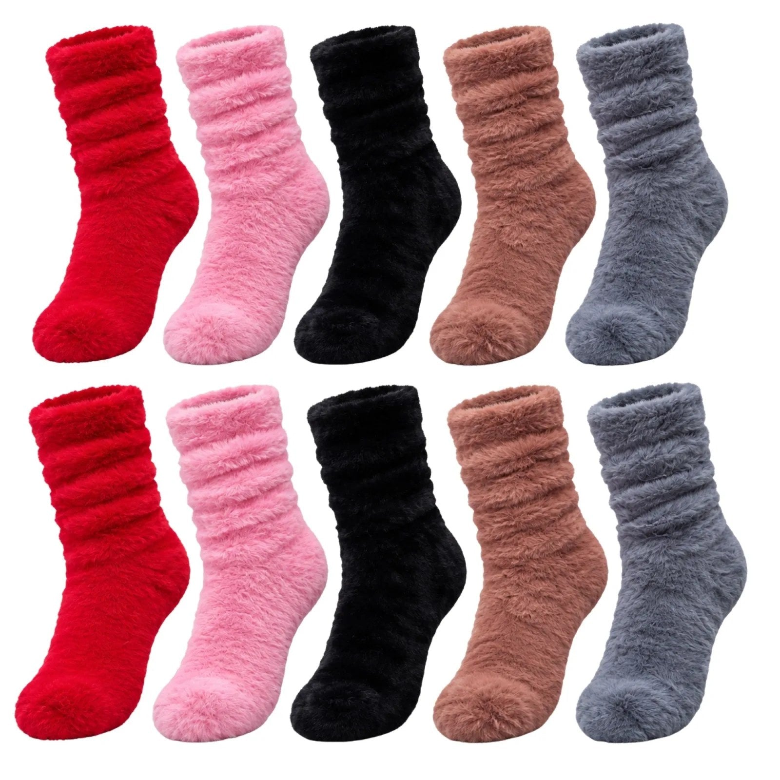 Kadın Peluş Ev Çorabı 10'lu Set | Yumuşacık Tüylü Büzgülü Kışlık Çorap Kırmızı Pembe Siyah Kahve Gri