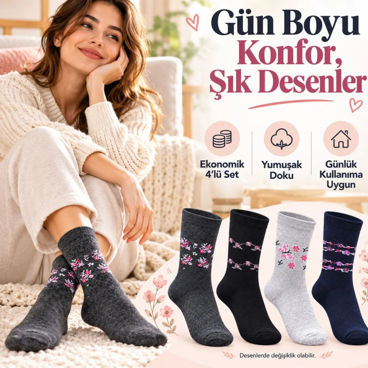 Kadın Ekonomik Çiçek Desenli Soket Çorap 12'li Set | Karışık Renkli Günlük Bayan Çorabı 12 Çift Seti