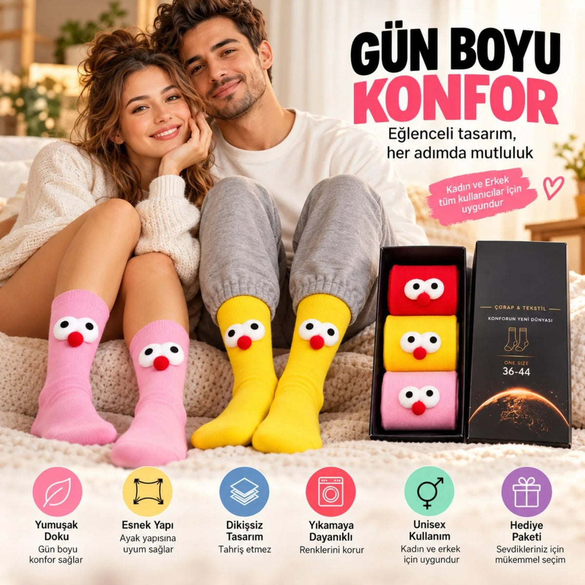 Kutulu 3D Gözlü Ponponlu Soket Çorap 6'lı Set | Kırmızı Sarı Pembe Renkli Eğlenceli Hediyelik Çorap!