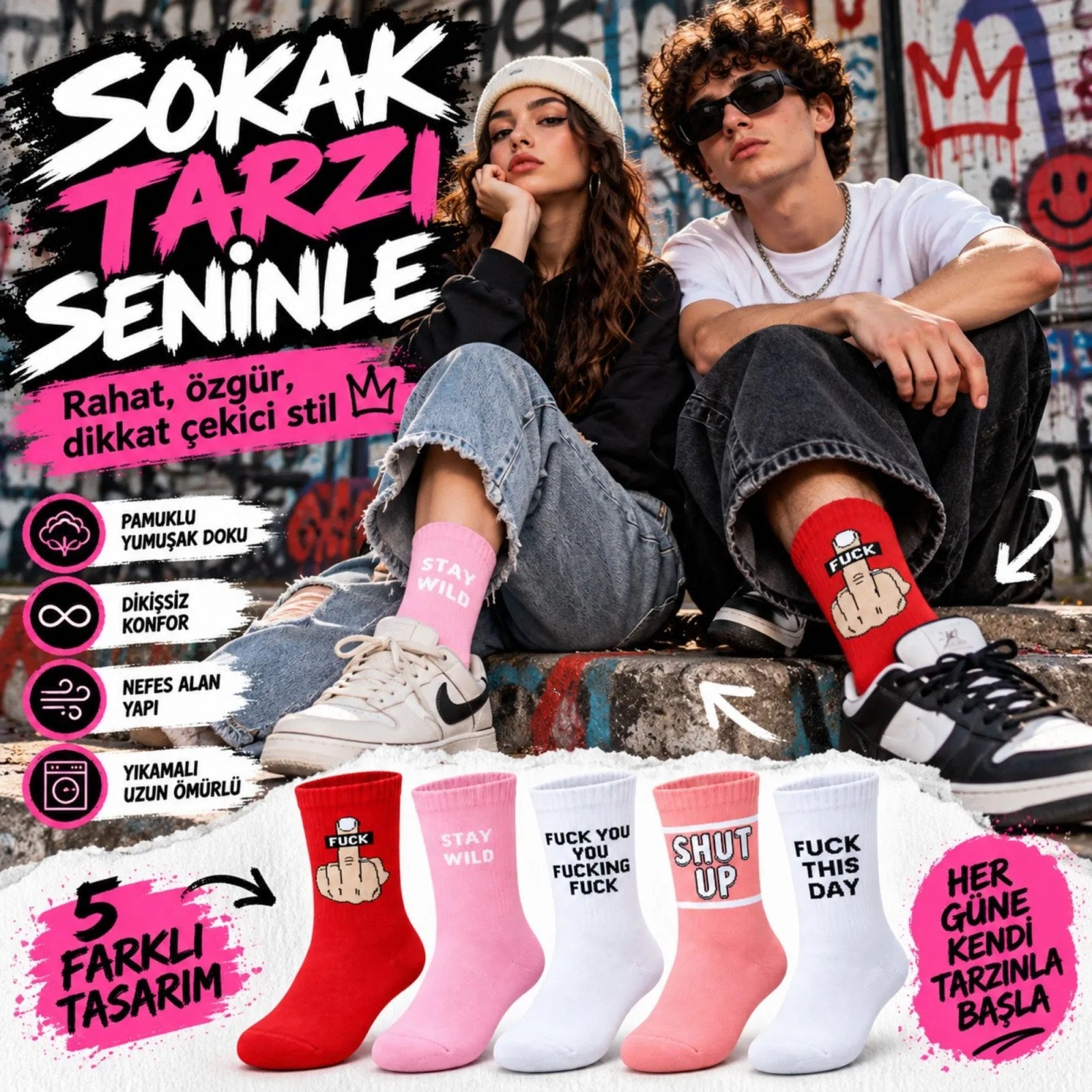 Unisex Yazılı Sloganlı Soket Çorap 10'lu Set | Eğlenceli Baskılı Renkli Günlük Spor Çorap Modelleri!