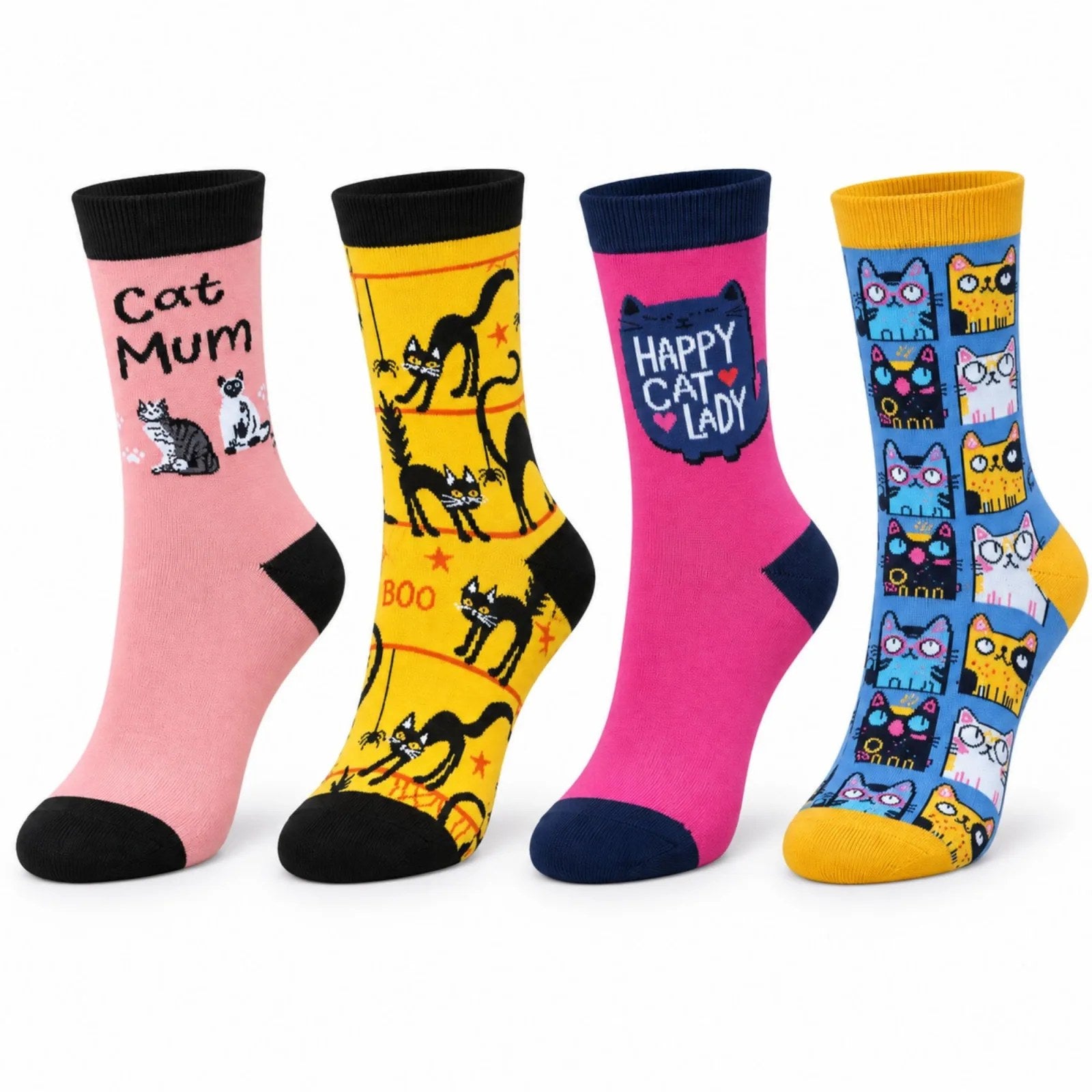 Unisex Kedi Desenli Soket Çorap 4'lü Set | Renkli Eğlenceli Cat Mum Happy Cat Lady Günlük Çorap Seti