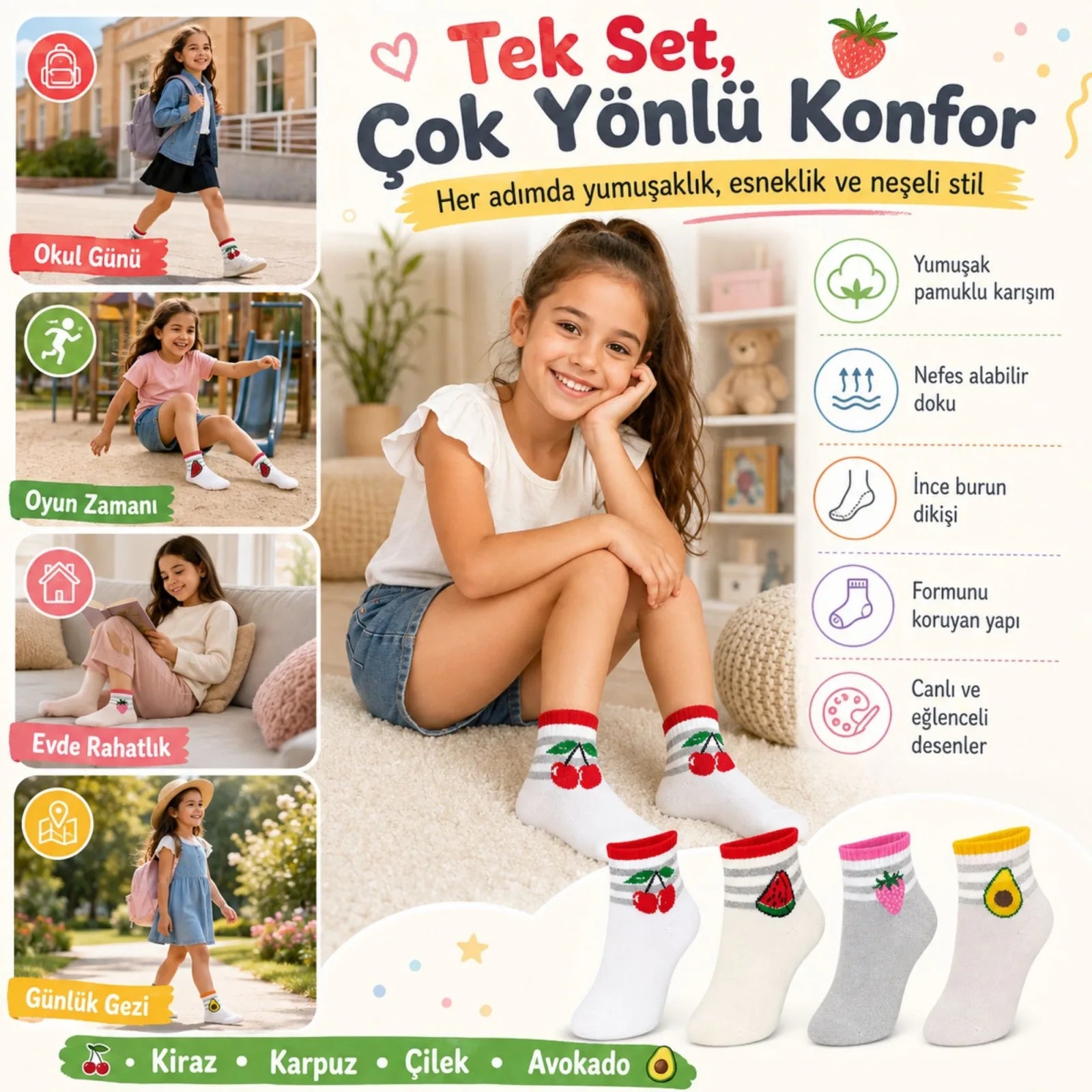 Kız Çocuk Pamuklu 4'lü Meyve Desenli Çorap Kiraz Karpuz Çilek Avokado Günlük Bilek Çorabı