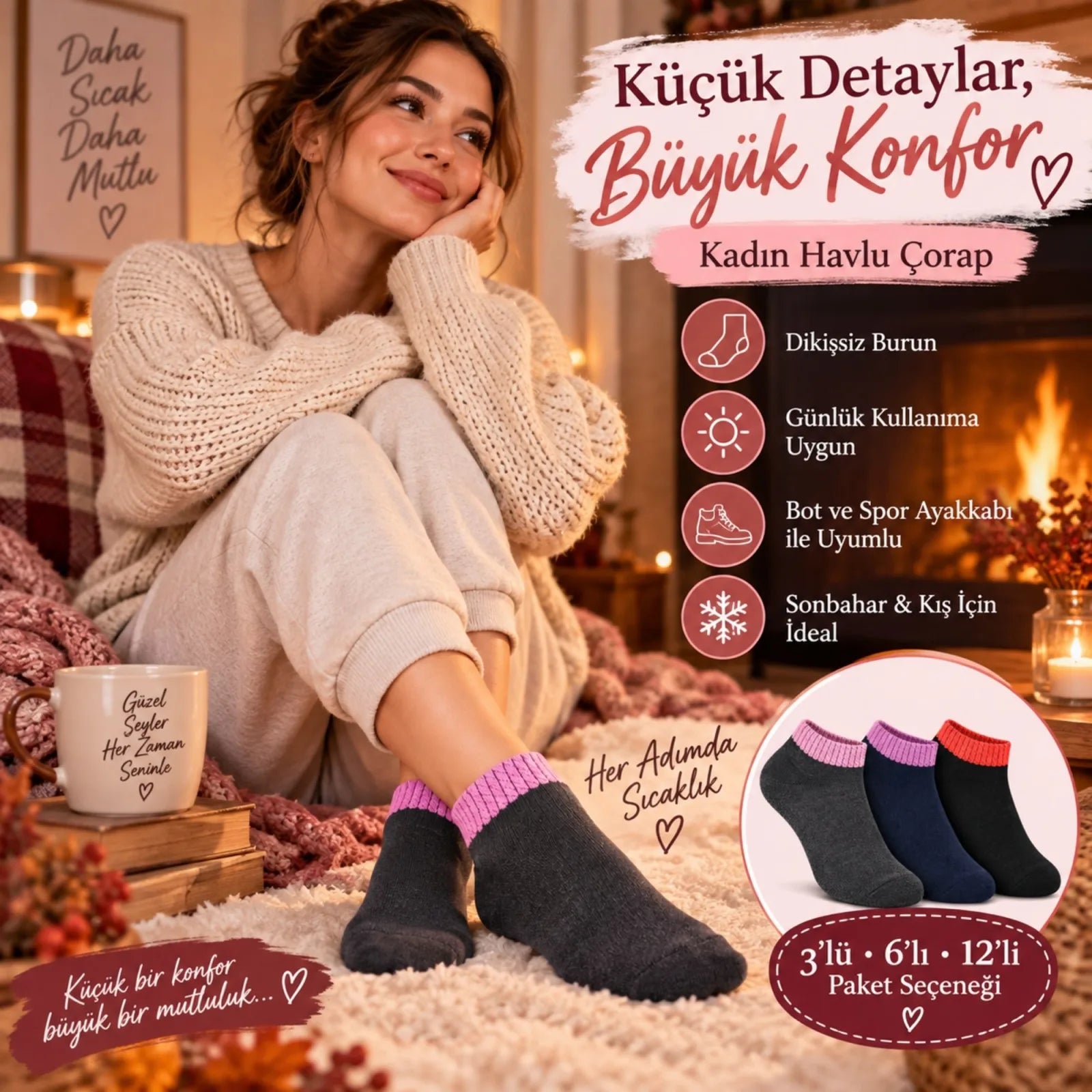 Kadın Havlu 3'lü Çorap Kısa Konç Dikişsiz Burun Sıcak Tutan Yumuşak Kışlık Çorap Seti