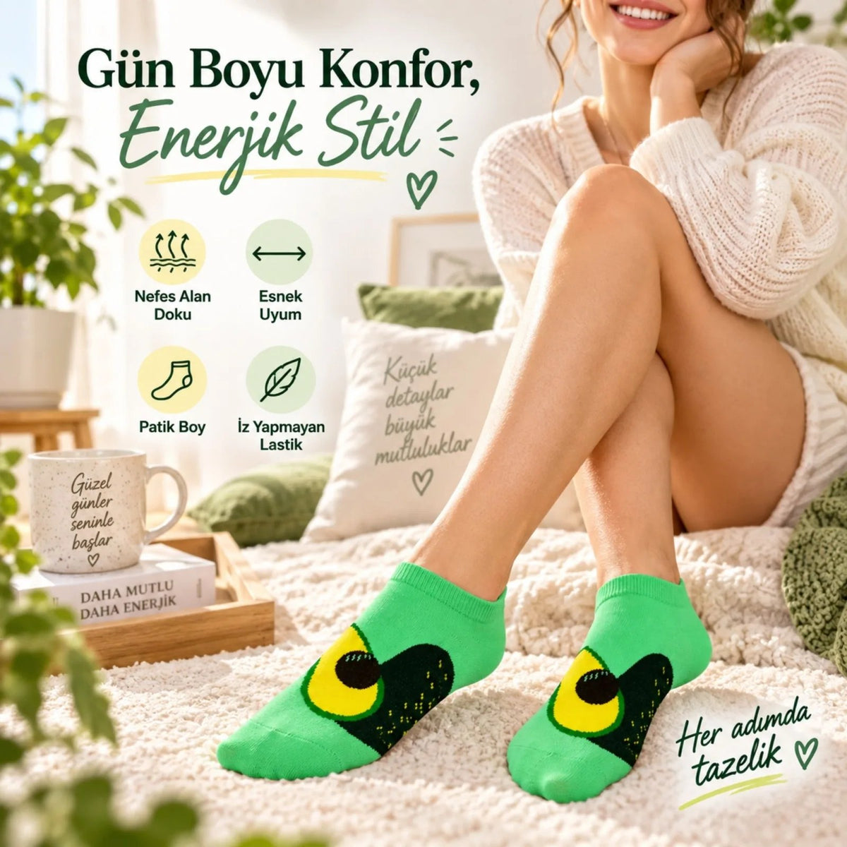 Kadın Avokado 12'li Desenli Patik Çorap Pamuklu Dikişsiz Sneaker Uyumlu Eğlenceli Günlük Set
