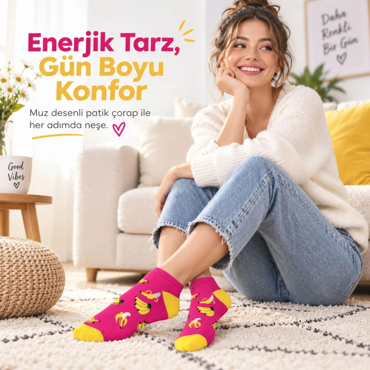 Kadın Pembe Muz Desenli Patik Çorap 12'li Paket | Renkli, Rahat, Esnek Günlük Çorap Seti