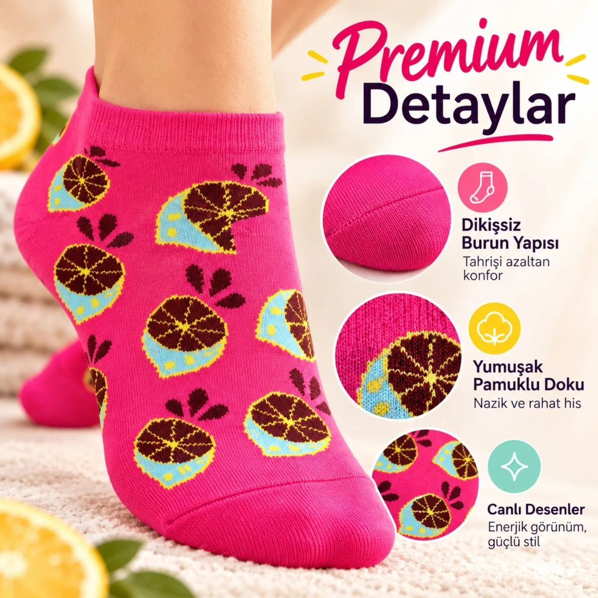 Kadın Fuşya Limon Desenli Patik Çorap 6'lı Paket | Renkli, Rahat ve Esnek Günlük Kısa Çorap Seti