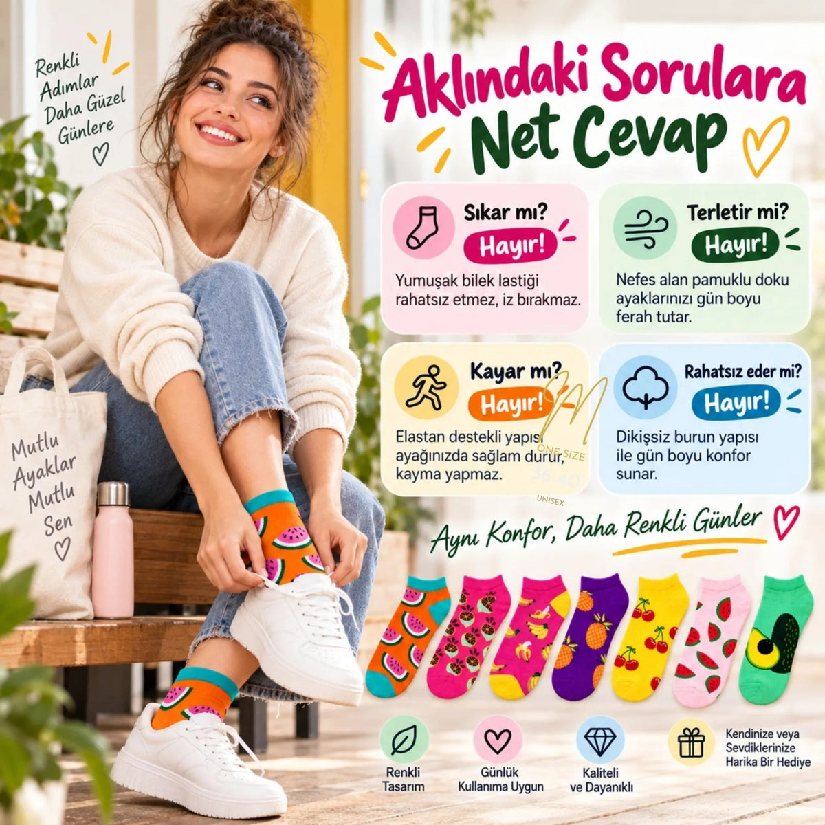 Kadın Meyve Desenli Patik Çorap 7'li Hediye Kutulu Set | Renkli, Rahat ve Esnek Günlük Çorap