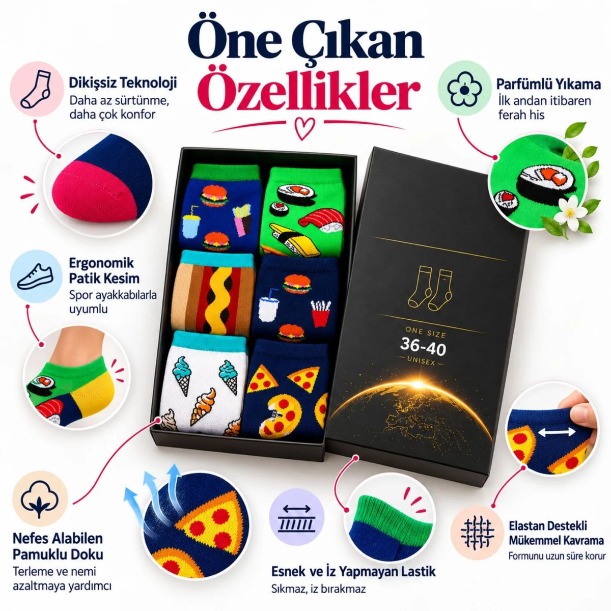 Kadın Patik Çorap Karışık Fast Food Desenli | Renkli Eğlenceli Günlük Kısa Bilek 6'lı Avantajlı Seti