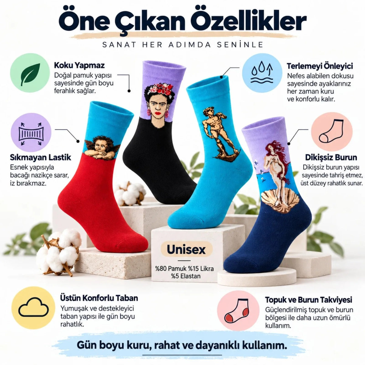 UNİSEX Çorap Sanat Temalı Renkli 7'li Set Portre Tablo Desenli Uzun Soket Günlük Eğlenceli Çorap Şık