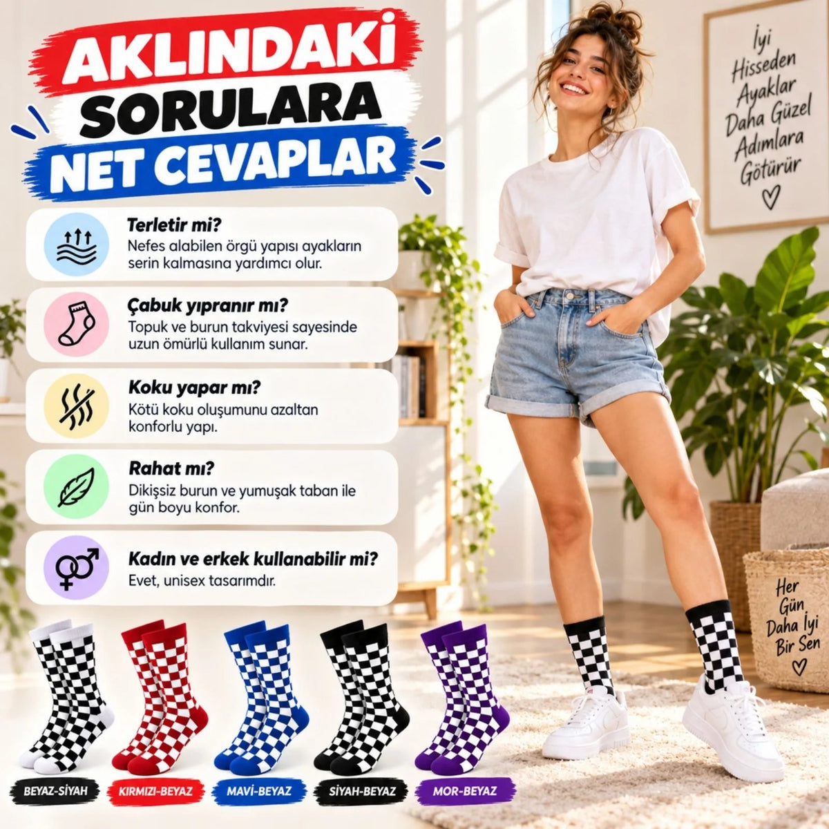 UNİSEX Çorap Dama Desenli Renkli 5'li Set Kareli Uzun Soket Günlük Spor Eğlenceli Rahat Çorap Seti