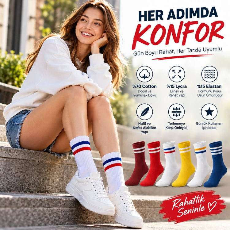 Unisex Renkli Çorap Çizgili 6'lı Set Uzun Soket Günlük Spor Kolej Stil Rahat Şık Kadın Erkek Çorabı
