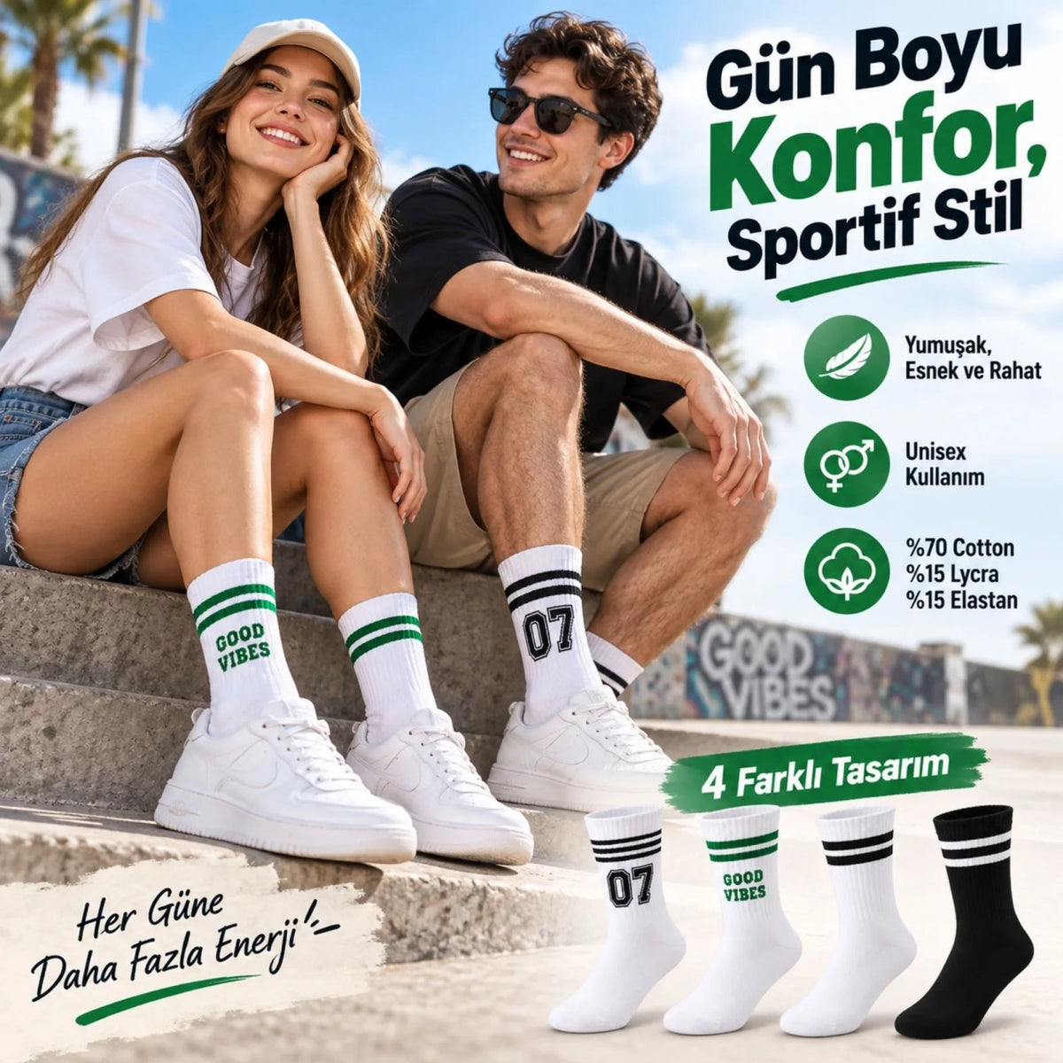 Unisex Çorap Çizgili 8'li Set 07 Good Vibes Baskılı Siyah Beyaz Uzun Soket Spor Kolej Stil Çorap