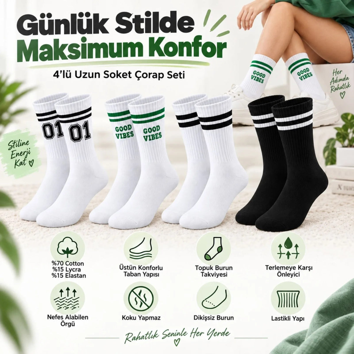 Unisex Çorap Çizgili 8'li Set 07 Good Vibes Baskılı Siyah Beyaz Uzun Soket Spor Kolej Stil Çorap