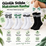 Unisex Çorap Çizgili 8'li Set 07 Good Vibes Baskılı Siyah Beyaz Uzun Soket Spor Kolej Stil Çorap