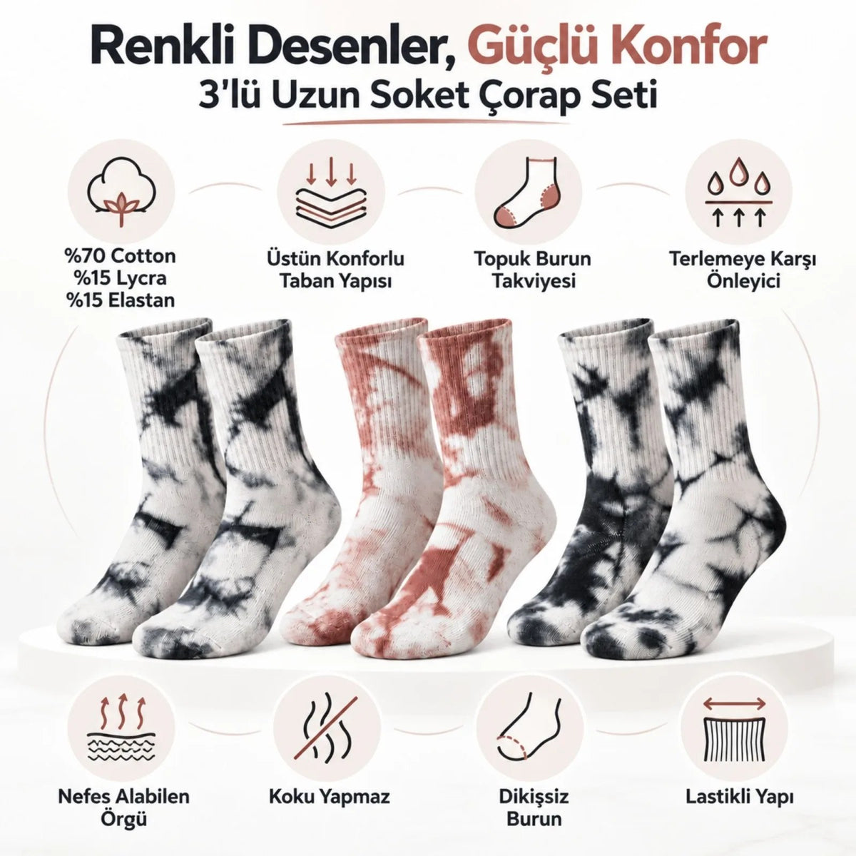 Unisex Batik Desenli Çorap 3'lü Set Pamuklu Uzun Soket Günlük Spor Nefes Alan Dikişsiz