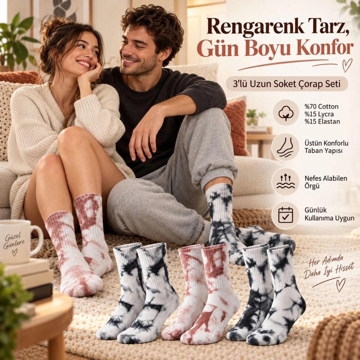 Unisex Batik Desenli Çorap 6'lı Set Pamuklu Uzun Soket Günlük Spor Nefes Alan Dikişsiz