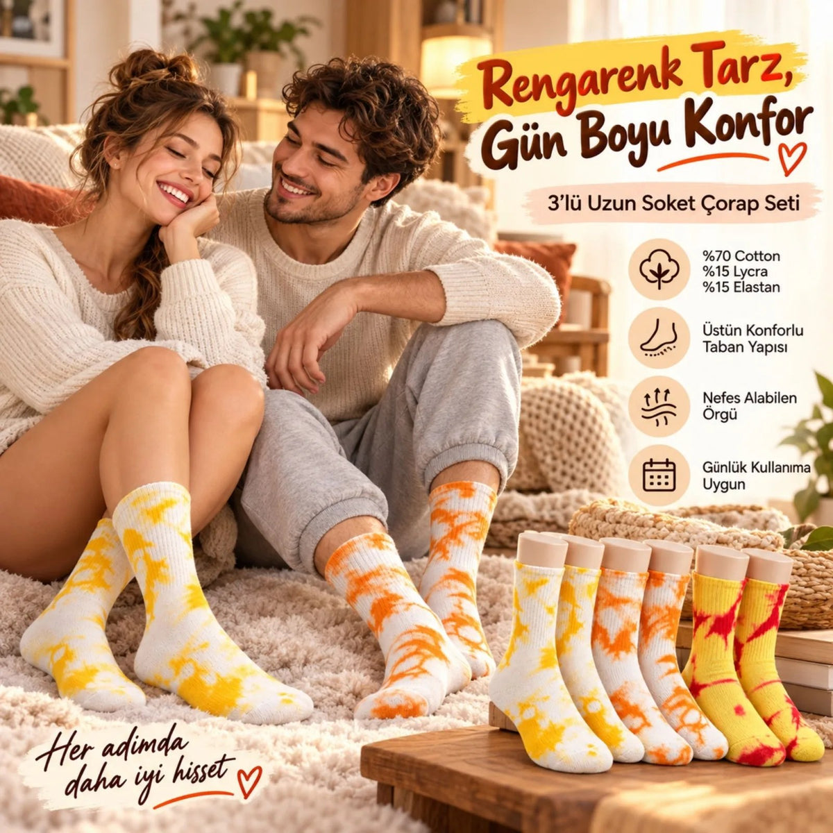 Unisex Batik Desenli Çorap 3'lü Set Pamuklu Renkli Uzun Soket Dikişsiz Nefes Alan Günlük Spor Çorabı