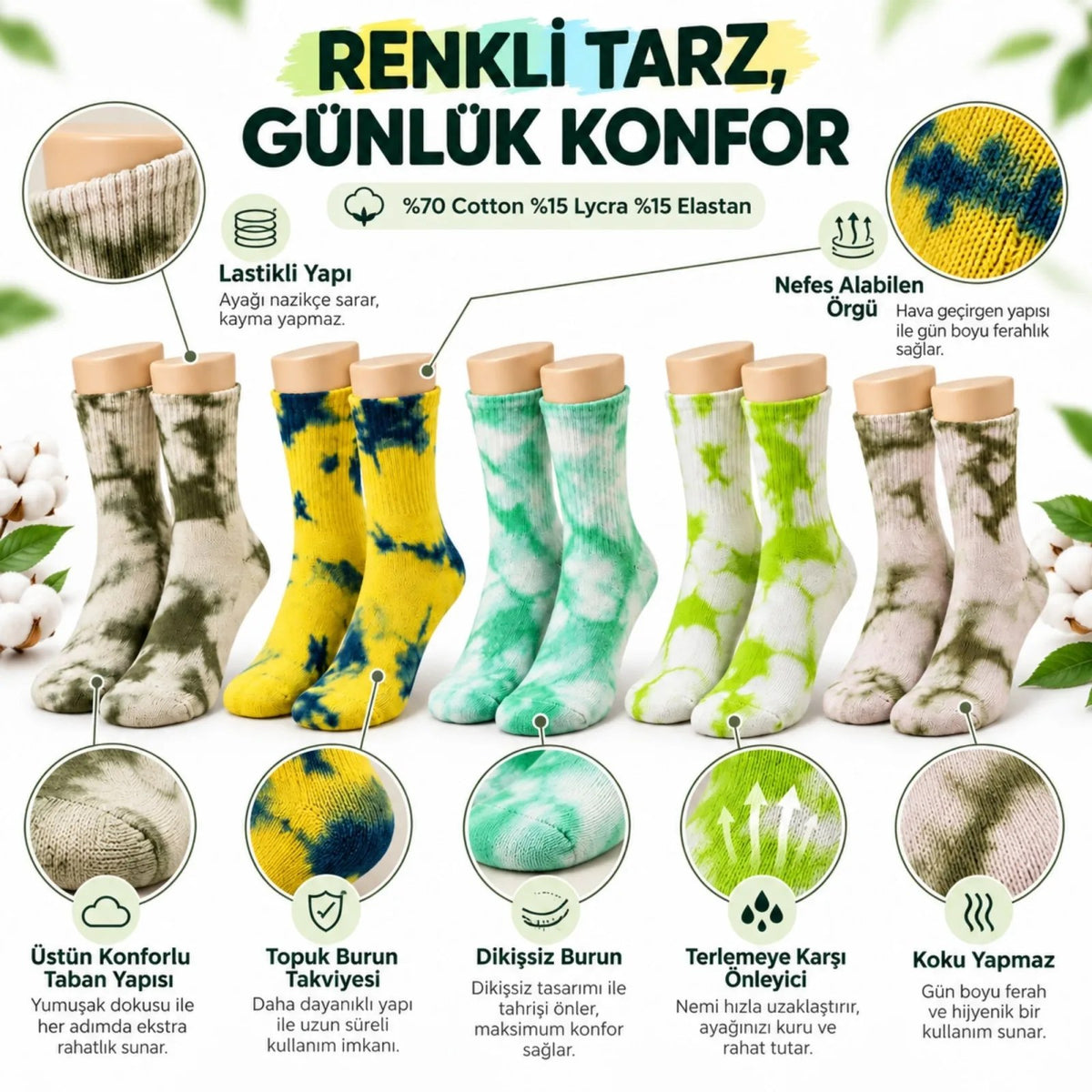 Unisex Batik Desenli Çorap 10'lu Set Pamuklu Renkli Uzun Soket Dikişsiz Nefes Alan Günlük Spor Çorabı