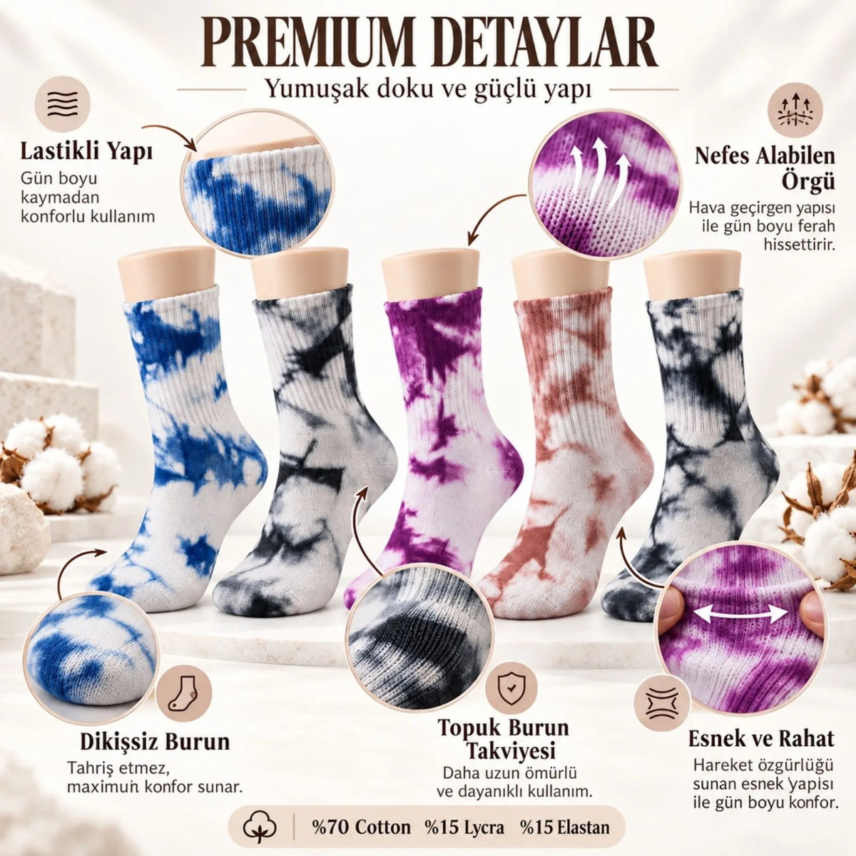Unisex Batik Desenli Çorap 10'lu Set Pamuklu Renkli Uzun Soket Dikişsiz Nefes Alan Günlük Spor Çorabı