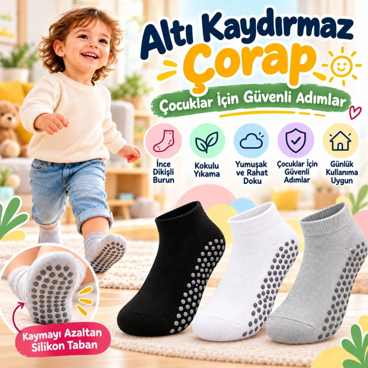 Çocuk Kaydırmaz Tabanlı Patik Çorap 6'lı Set Siyah Beyaz Gri Yumuşak Esnek Kokulu Günlük Çorap Rahat