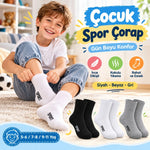 Çocuk Spor Çorap 3'lü Set Siyah Beyaz Gri İnce Dikişli Kokulu Yıkama Yumuşak Esnek Günlük Çorap Seti