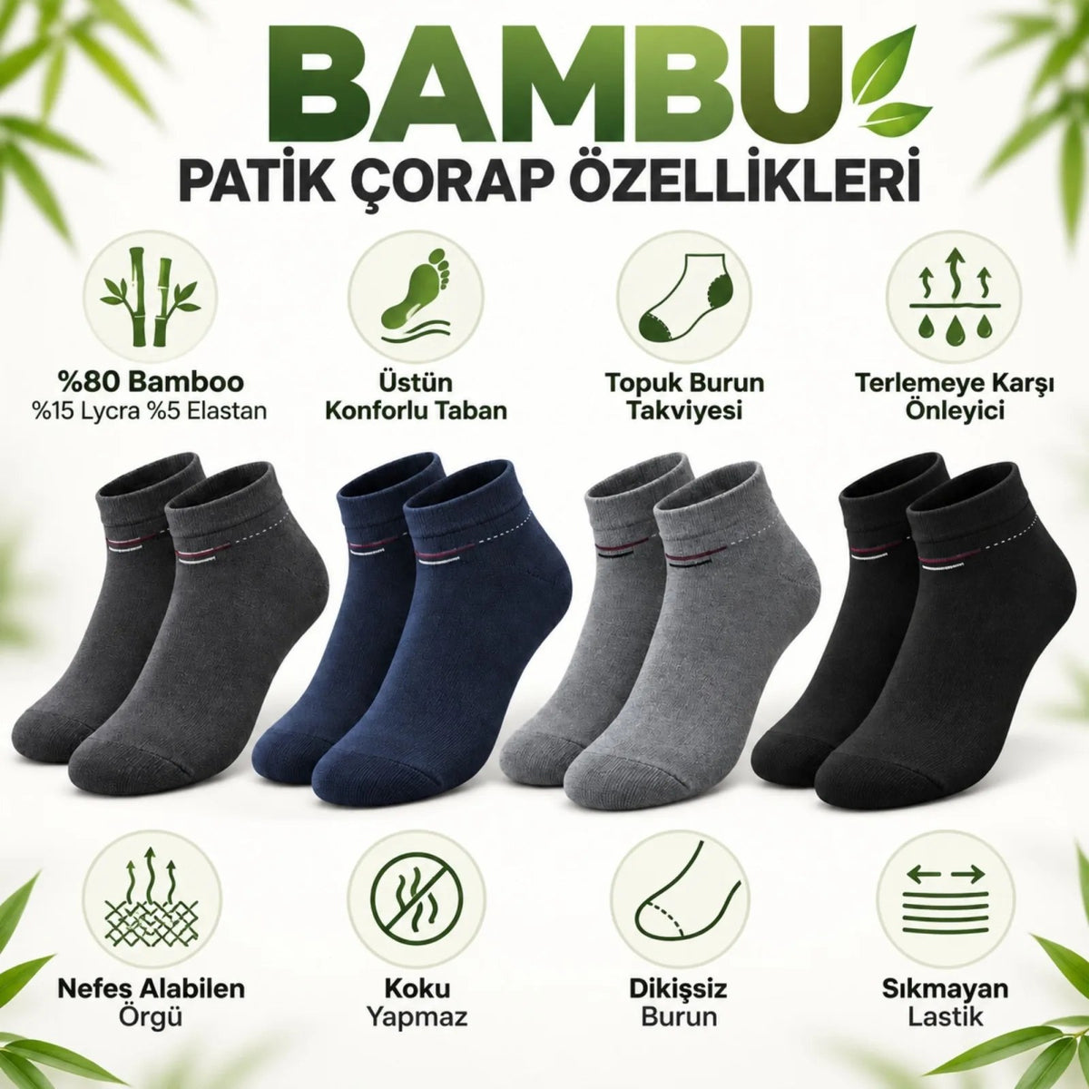 Erkek Bambu Patik Çorap 8'li Set Yumuşak Dikişsiz Nefes Alan Sıkmayan Lastikli Günlük Rahat Çorap