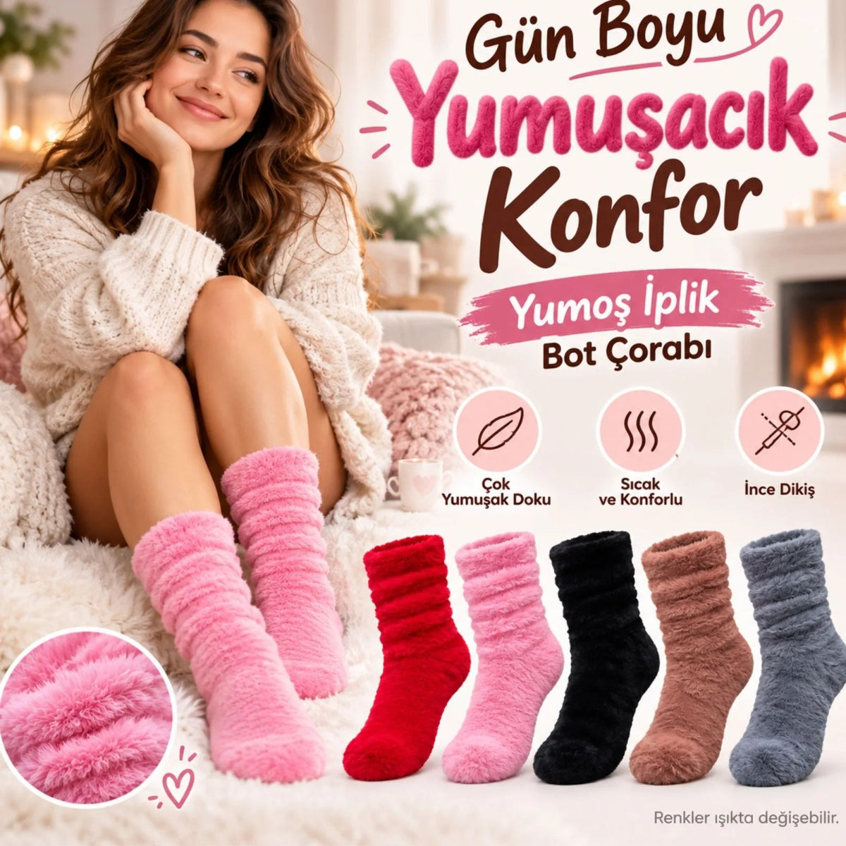 Kadın Peluş Ev Çorabı 10'lu Set | Yumuşacık Tüylü Büzgülü Kışlık Çorap Kırmızı Pembe Siyah Kahve Gri
