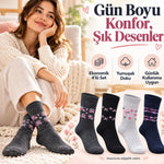 Kadın Ekonomik Soket Çorap 4'lü Seti | Çiçek Desenli Bayan Günlük Çorap Karışık Renk Avantajlı Paket