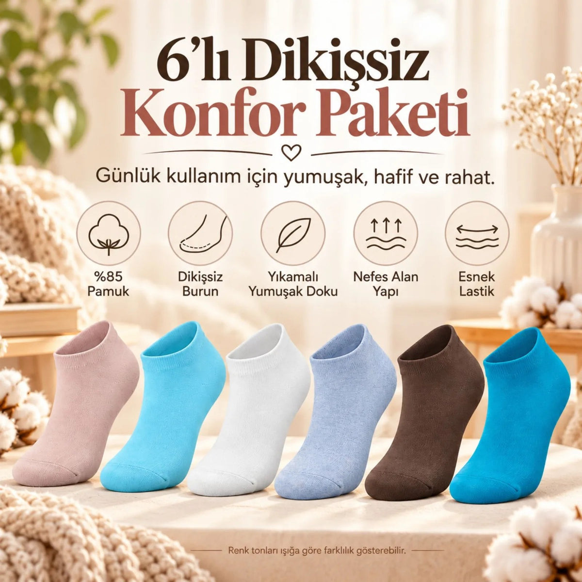 Kadın Dikişsiz Patik Çorap 12'li Kutulu Set | Yıkamalı Renkli Sneaker Çorabı Günlük Konfor Paketi