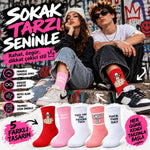 Unisex Yazılı Desenli Soket Çorap 5'li Set | Eğlenceli Sloganlı Renkli Günlük Uzun Çorap Modelleri Şık