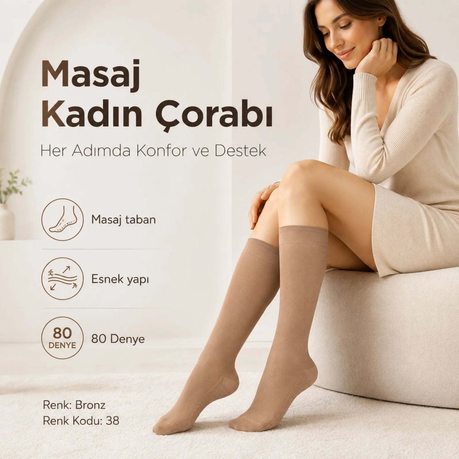 Kadın 8'li Anne Masaj Tabanlı Dizaltı Çorap 80 Denye Esnek Rahat Günlük Kullanım