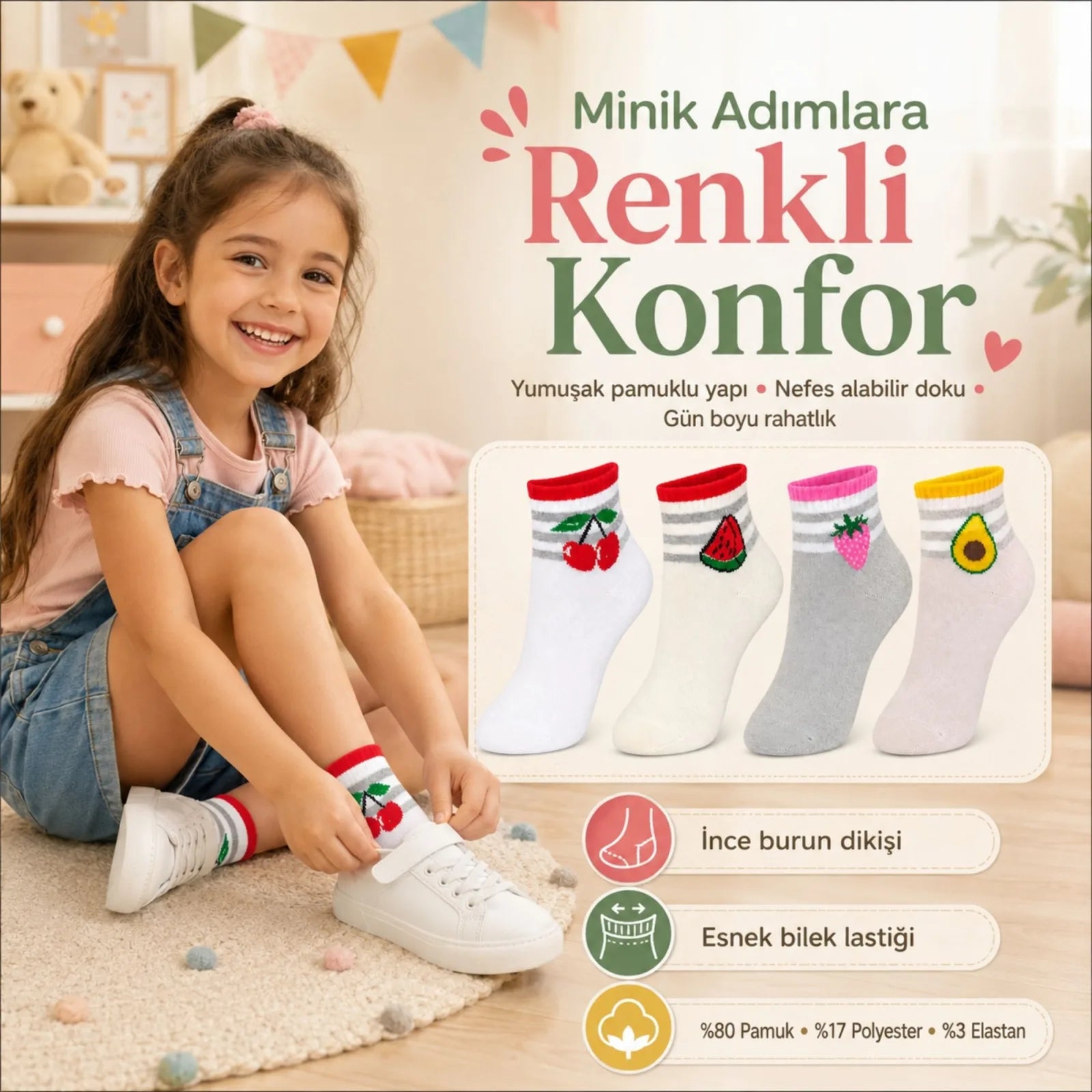 Kız Çocuk Pamuklu 4'lü Meyve Desenli Çorap Kiraz Karpuz Çilek Avokado Günlük Bilek Çorabı