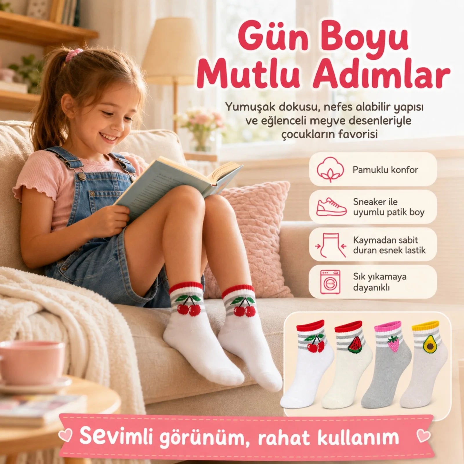 Kız Çocuk Pamuklu 8'li Meyve Desenli Çorap Kiraz Karpuz Çilek Avokado Günlük Bilek Çorabı