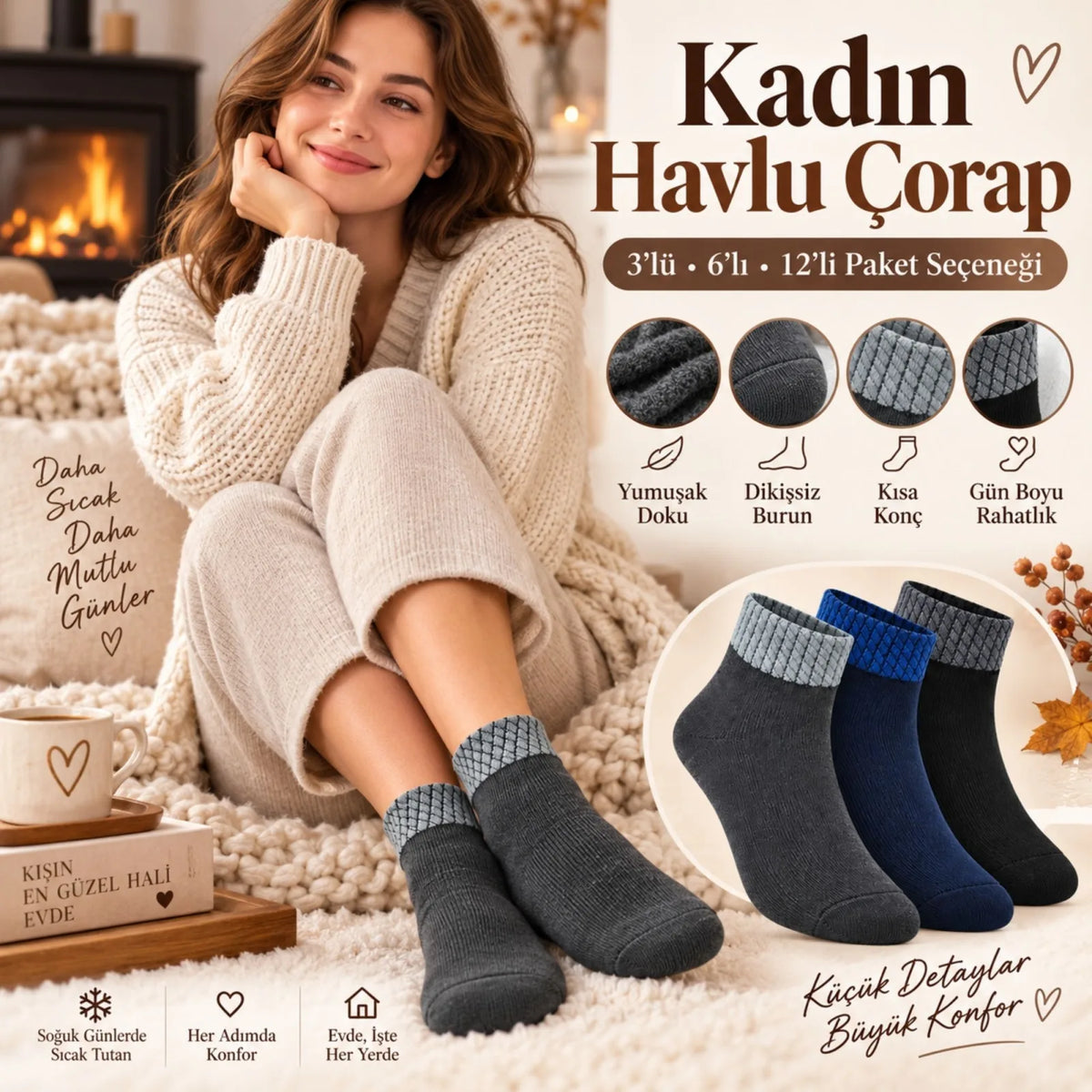 Bayan Havlu Dikişsiz Kısa Konç Çorap 3’lü Paket Yumuşak Sıcak Günlük Kadın Çorabı
