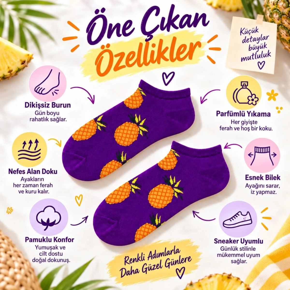 Kadın Mor Ananas Desenli Patik Çorap 3’lü Paket | Renkli, Rahat, Esnek ve Günlük Kısa Çorap Seti