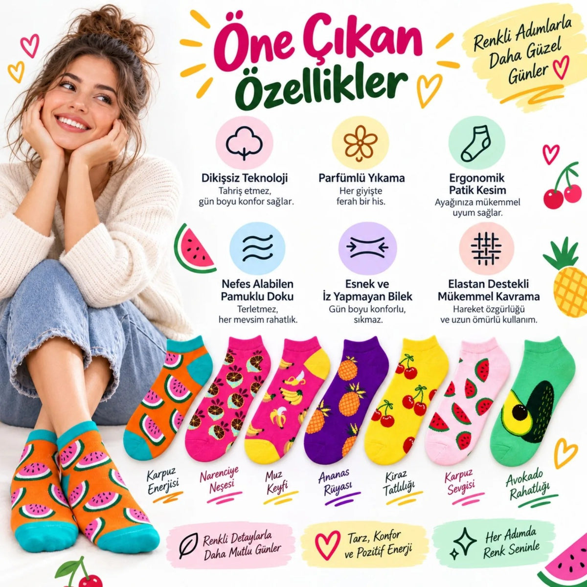 Kadın Meyve Desenli Patik Çorap 7'li Hediye Kutulu Set | Renkli, Rahat ve Esnek Günlük Çorap